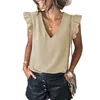 Kvinnor Casual T Shirts Elegant V Neck Ruffle Trim Ärmlös Loose Blouses Solid Work Office Top