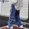 فضفاضة مستقيمة بيزلي باندانا المرقعة الدنيم بانت جينز بنطلون الأزياء الفضفاضة اليابانية الشارع الهيب هوب غسل الأزرق Black1249U