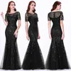 Schwarz Plus Größe Abendkleider Meerjungfrau O Hals Kurzarm Spitze Appliques Tüll Lange Party Kleid Robe Soiree Sexy Formale kleid vestido