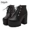 GDGYDH Devisioners New Spring Autumn Women Shoes Black High Heels Boots Lacing Platform Boots Onkle Boots chunky Heel Leather 201106