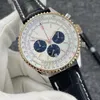 B01 46MM 새로운 품질의 내비타이머 시계 크로노그래프 쿼츠 무브먼트 옐로우 골드 케이스 한정판 실버 다이얼 50주년 기념 남성용 시계 가죽 스트랩 남성용 손목시계