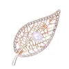 Classic Pearl Feather Brooch For Women Men Alloy Party Office Brooch Pin Gifts Elegant Rhinestone Hollow Leaf Dress Coat Decor