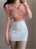 Womengaga Sweatshirt Pink Workout Short Sexig Autumn Casual Hood dragkedja Elegant Solid Color Long Sleeve Top Korean Girl JPJ8 220805