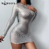 الخريف مثير Bodycon Hollow Out Dress Silver Diamond Mesh Club Long Sleeve Mini Pencil Party for Women 220728