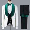 Fashion White Embossing Groom Tuxedos Burgundy Velvet Shawl Lapel Bridegroom Blazer Men Formal Suits Prom Party Suits (Jacket+Pants+Tie+Vest) 801