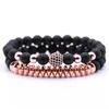 Brins de perles 2 pièces rétro micro-incrusté de boule de zircon noir pierre biliaire bracelet en pierre givrée ensemble pour hommes et femmes bijoux cadeau Lars22