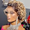 キンキーカーリーショートボブピクシーカットヒューマンヘアウィッグオンブルブロンド/ブラウン/ブラックカラーの弾力性深い波のレース前面ウィッグ