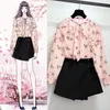 New Spring Autumn Women Sweet 2 Piece Girls Floral Print Blouse Tops And Mini Skirt Suits Female Fresh Chiffon Sets F10 T200325