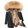 Vinterjacka kvinnor äkta päls långa parka naturliga tvättbjörn päls krage päls foder tjock varm streetwear ytterkläder ny 201112