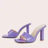 Eleganckie fioletowe kapcie na wysokie obcasy dla kobiet damskie moda wąż węża skórzane kwadratowe palce sandały letnie buty imprezowe slajdy 220530