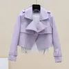 Korean SingleButton Slim Soft Faux PU Leather Jacket Women Purple Short Coat Spring Long sleeve Street Biker Jacket Female 220815