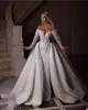 Vestidos de sereia de pérola de lantejoulas de luxo de trem destacável do vestido de casamento personalizado de manga comprida Mariee, vestido de casamento de casamento