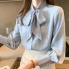 H Han Queen Ankomstskjorta Kvinnor Vintage Work Casual Tops Chiffon Blue Bow Elegant Loose Women Business Shirts 220727