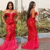 Nouveau Rouge Sexy Sirène Robe De Bal Balck Fille Perles Plumes Bas Aso Ebi Anniversaire Paty Robes Printemps Eté Porter Des Robes De Soirée