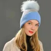 Women Spring Hat Big Raccoon Fur Pom Stripe Hat 2018 Elegant Wool Knitted Female Cashmere Cap J220722