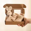 3pcs/set Rattle Rabbit Hand Crochet Shoes 0-12 Months Born Wooden Animal Teether Toys for Baby Birth Gift Set 220714