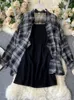 Ly Varey Lin Summer Autumn Casual Two Piece Set Long Sleeve Plaid Grey Overcoats Spaghetti Strap Slim Black Dress 220809