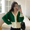 Kobiety Knits Tees Lattern Rękak dzianinowy swetra Kontrast Wzór SWEATER Kobiety 2022 Autumn V-Neck Slim Taist Cropped Swatterswome