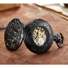 Pocket Watches Luxury Silver Mechanical Watch Dragon Laser Graved Clock Animal Necklace Pendant Hand Winding Men FOB Chain Thun2245h