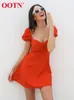 Ootn High Street Summer Dress Square Neck Sleeve Mulheres Slim Dress Orange A-Line Ruched Button Holiday Mini Dress Elegant 220511