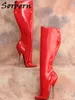 Sorbern Sexy Red Patent Knä High Boots Ballettskor Stilettos 18cm Metall Högklackat BDSM Kvinna Spela Fun Boot Custom Slim Fit