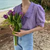 Summer Hollow Flower Lace Blue Women Korean Chic Puff Short Sleeve Woman Shirt Peter Pan Collar Solid Loose Tops 13919 220623