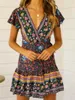 Vintage chique mode dames hippie bloemenprint v-neck bohemian mini jurk dames korte mouw zomer strand wrap boho jurken 220510