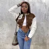 سترات نسائية Adogirl Women Patwork Pu Leather Sleeve Jacket Stack