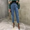 Bgteever mulheres harem calças moda cintura alta solta branco denim jeans feminino botões calças primavera streetwear 220722