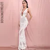 Lovelemonade Sexy Deep Side Side wycięte koronkowe białe geometryczne cekin bodycon przyjęcie maxi sukienka LM82308 220507