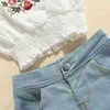 Citgeett Summer Kids Girls Clothing Set Floral Embroidery Flying Sleeves Square Collar Tops Beige Denim Short Jeans Clothing J220711