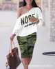 Women's Tracksuits Women 2pcs Clothes Suit Long Sleeve Pullover Camouflage Letter Print Cold Shoulder Top & Pants Set Knee Length PantsW