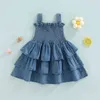 Schöne kleine Mädchen lässig Kleid Sommer Kleinkind Kinder Prinzessin Girls Solid Denim ärmelloses Riemenschichtkleider für Kind G220518