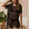 Riseado Sexy Sheer Mesh Beach sukienka z krótkim rękawem bikini pokrywka solidna kobieta kąpiel kąpielowa kostium kąpielowy kostium kąpielowy 220527