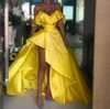 Yellow High Low Prom Dresses Ruffled Off The Shoulder Neckline Evening Gowns A Line Sweep Train Satin Formal Dress