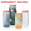 US Stock Double Walled Glass Tumblers 16oz 20oz Straight Förborrade Snow Globe Mugs för sublimering och glitterkoppar