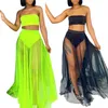Sexy Solid Color Three Pieces Swimsuits Women's Bandeau Bikinis Set Female High Waist Bathing Suit+Mesh Maxi Skirts Cover Up W220425