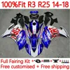 Molde de inyección Carenados para YAMAHA YZFR3 YZF-R25 YZFR25 14-18 Carrocería 30No.26 YZF R 3 25 R3 R25 14 15 16 17 18 YZF-R3 2014 2015 2016 2017 2018 Kit de carrocería OEM blanco azul