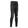 Uomo Skinny Fits Jeans Denim con Lettere Nere Ginocchio Strappato con Fori Slim per Ragazzi Uomo Biker Moto Gamba Dritta Pantaloni Hip Hop Ammorbidente Cerniera Estate