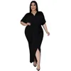 Plus size jurken lente elegante maxi jurk voor vrouwen casual v nek korte mouw hoge taille onregelmatige ruches feest bodycon jurkenplus