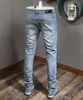 Patches Detail Biker Fit Jeans Men Slim Motocykl Dla Mężczyzn Vintage Distressed Denim Jean Pants229f