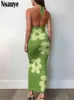 Nsauye 2022 Summer Casual Knitted Beach Holiday Halter Off Ramię Kwiatowy Drukuj Długa Dress Y2K Party Green Sukienka dla kobiet Sexy Y220413