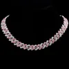 Chains HipHop Pink Crystal 14MM Rhombus Prong Cuban Link Chain Necklace For Women Full Rhinestones Pave Iced Out JewelryChains247V