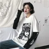 Nicemix harajuku t-shirt mulheres falsificadas 2 peças imprimir japonês fujiang horror quadrinhos manga longa camisa mulheres vetement femme 220408