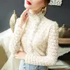 Bluzki damskie Koszule Eleganckie marszczące bluzka Kobiet Moda Koronkowa patchworka Tassel koszula 2022 Spring Korean Chic Delikatne Long Rękaw T