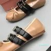 Fashion-Leather Designer Womens Dress ballet Shoes with buckle belt bow Flat Casual Soft Soles Low Heel Light Print loafers