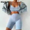 Gtpdpllt Summer Sport Tuta Spaghetti Strap Crop Top e Mini Biker Shorts Donna Set Blu Abiti casual Due pezzi T200610