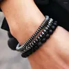 Fili di perline 3 pezzi / set Bracciale da uomo Braccialetto di perline di pietra nera Braccialetto di rame Palla Pulseira Gioielli da uomo Accessori Bracciali Hombre Homme Bijoux Fa