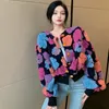 Vintage 3D Blumen Strickjacke Kurze Jacke Frauen Koreanische Langarm Mantel Herbst Winter Elegante Outwear Top