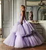 Lavendel kulklänning balklänningar stropplös halsringning skiktade aftonklänningar svep tåg tyll plus storlek formell slitage